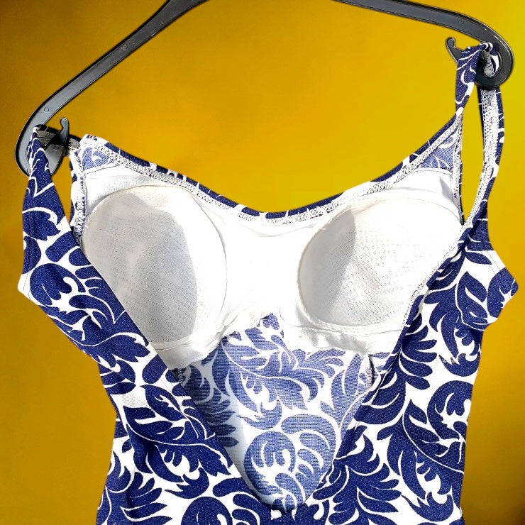Maillot de Bain Vintage Une Pièce Bleu et Blanc Motif Baroque – Made in Italy Années 60