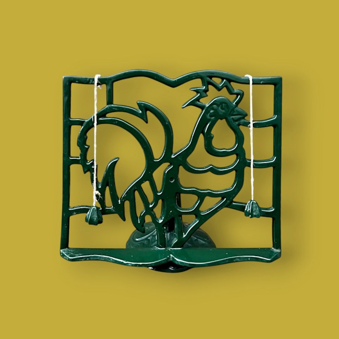 Ancien présentoir à livre de recettes en fonte – Coq stylisé – vert profond
