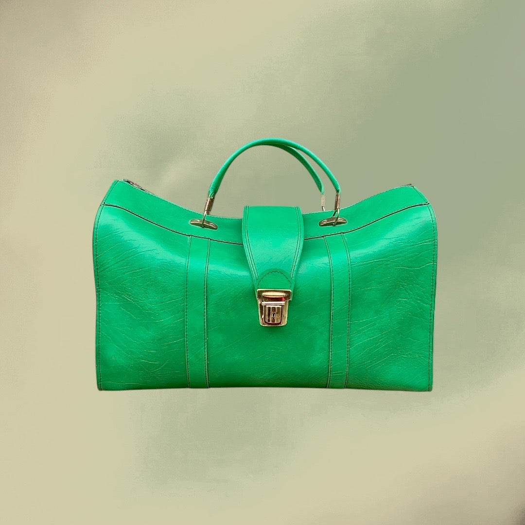 Grand Sac de Voyage Skaï Vert Années 60 70
