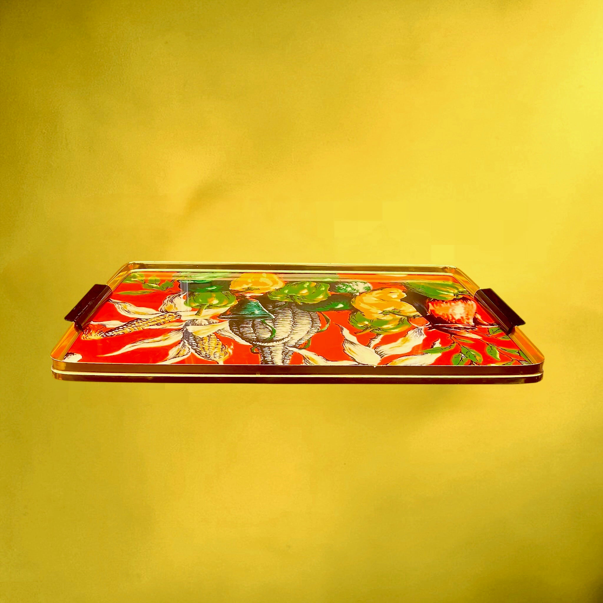 Grand Plateau Vintage en Formica Orange Décor Maïs Poivrons Métal Doré – Années 60 70
