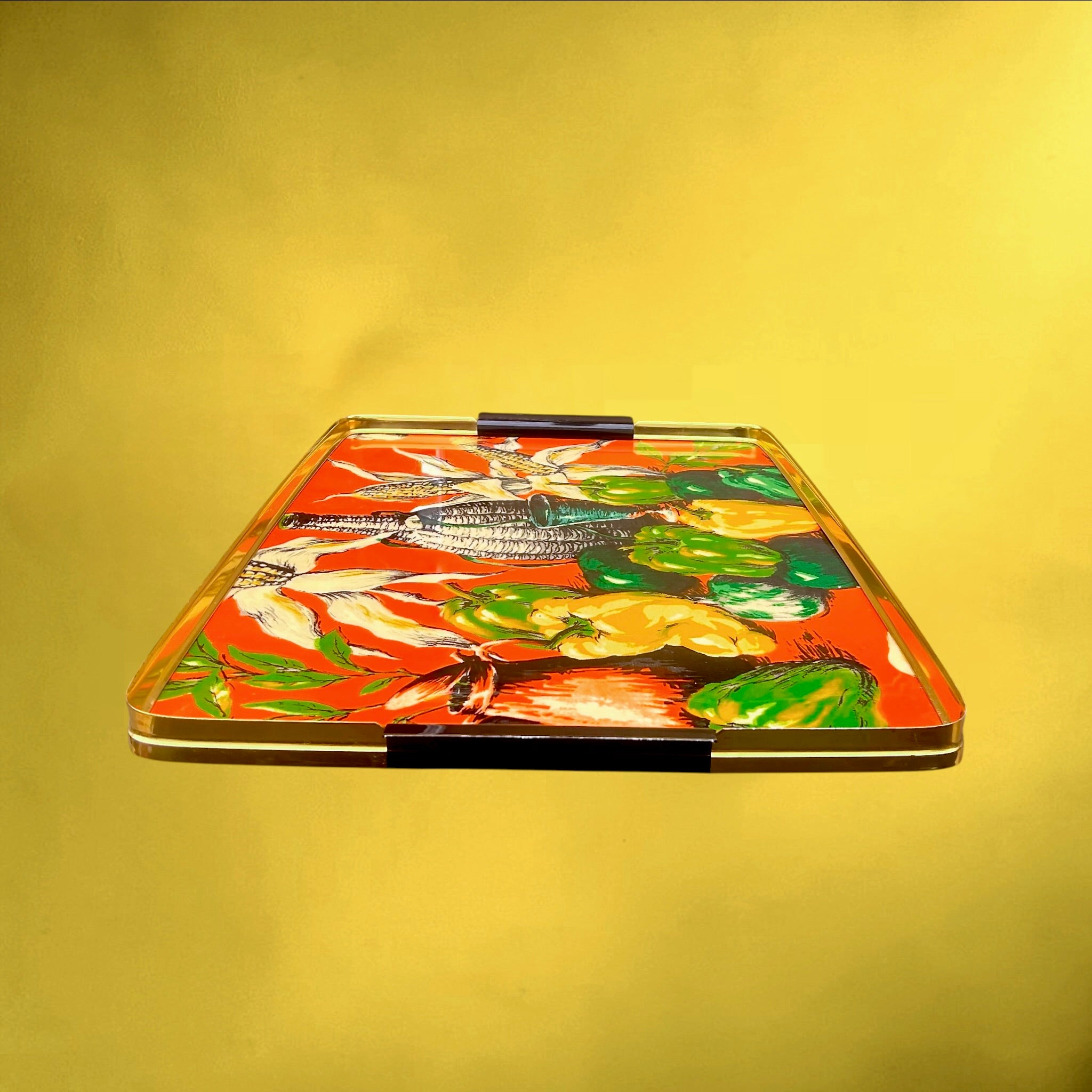 Grand Plateau Vintage en Formica Orange Décor Maïs Poivrons Métal Doré – Années 60 70