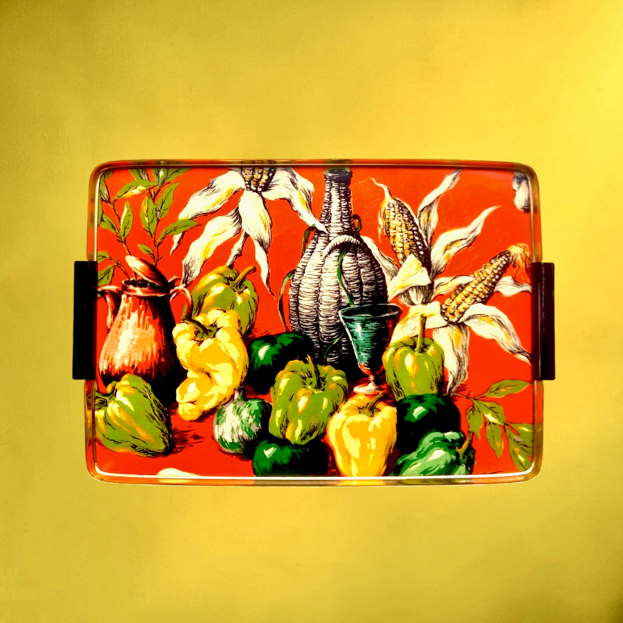 Grand Plateau Vintage en Formica Orange Décor Maïs et Poivrons
