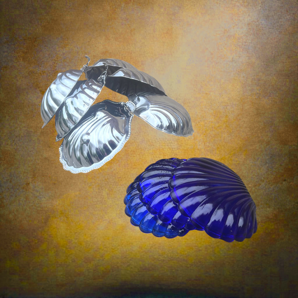 Trio de Beurriers Coquillage Vintage en Inox et Verre Bleu Cobalt