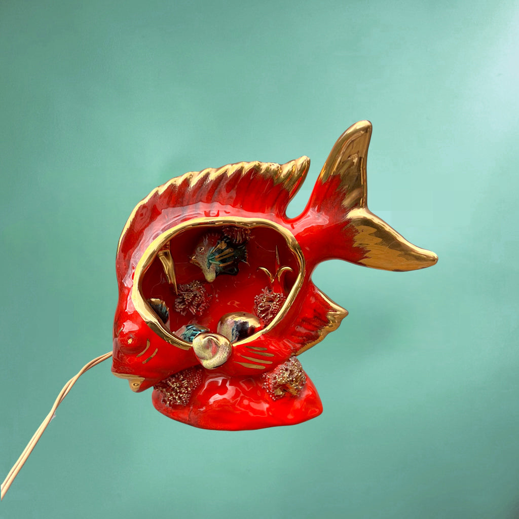 Lampe Poisson Vallauris en Céramique Vernissée Rouge et Dorée