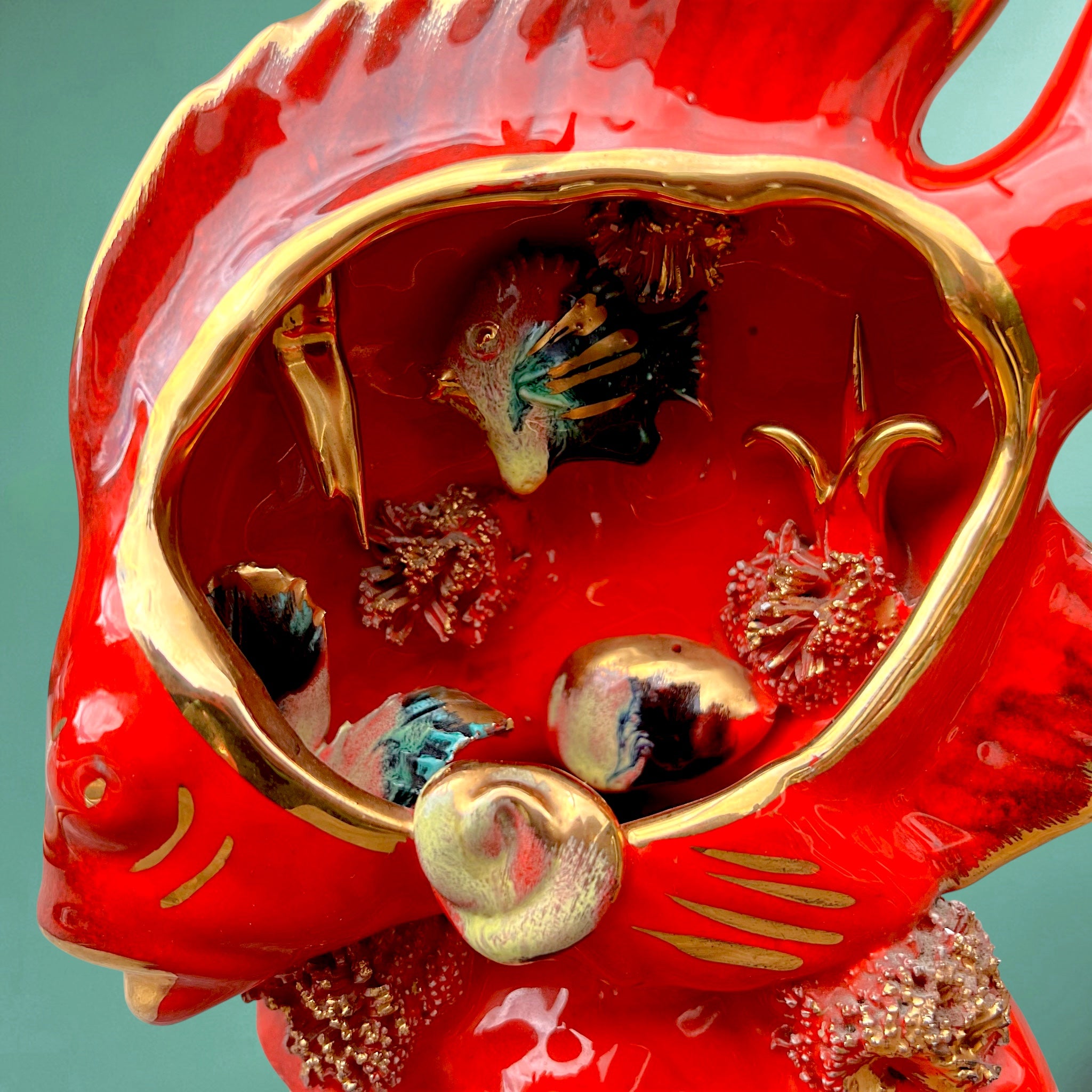 Lampe Poisson Vallauris en Céramique Vernissée Rouge et Dorée – Années 60 70