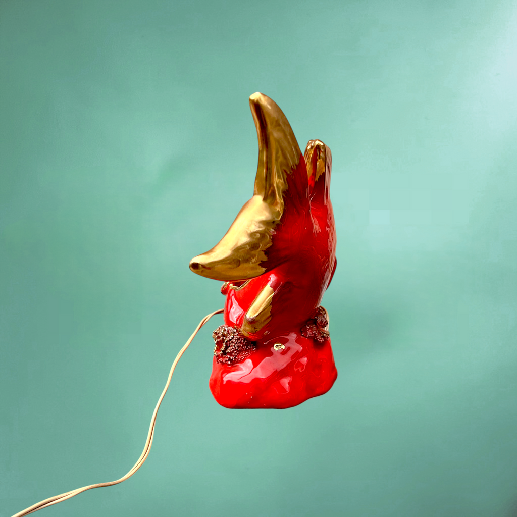 Lampe Poisson Vallauris en Céramique Vernissée Rouge et Dorée – Années 60 70