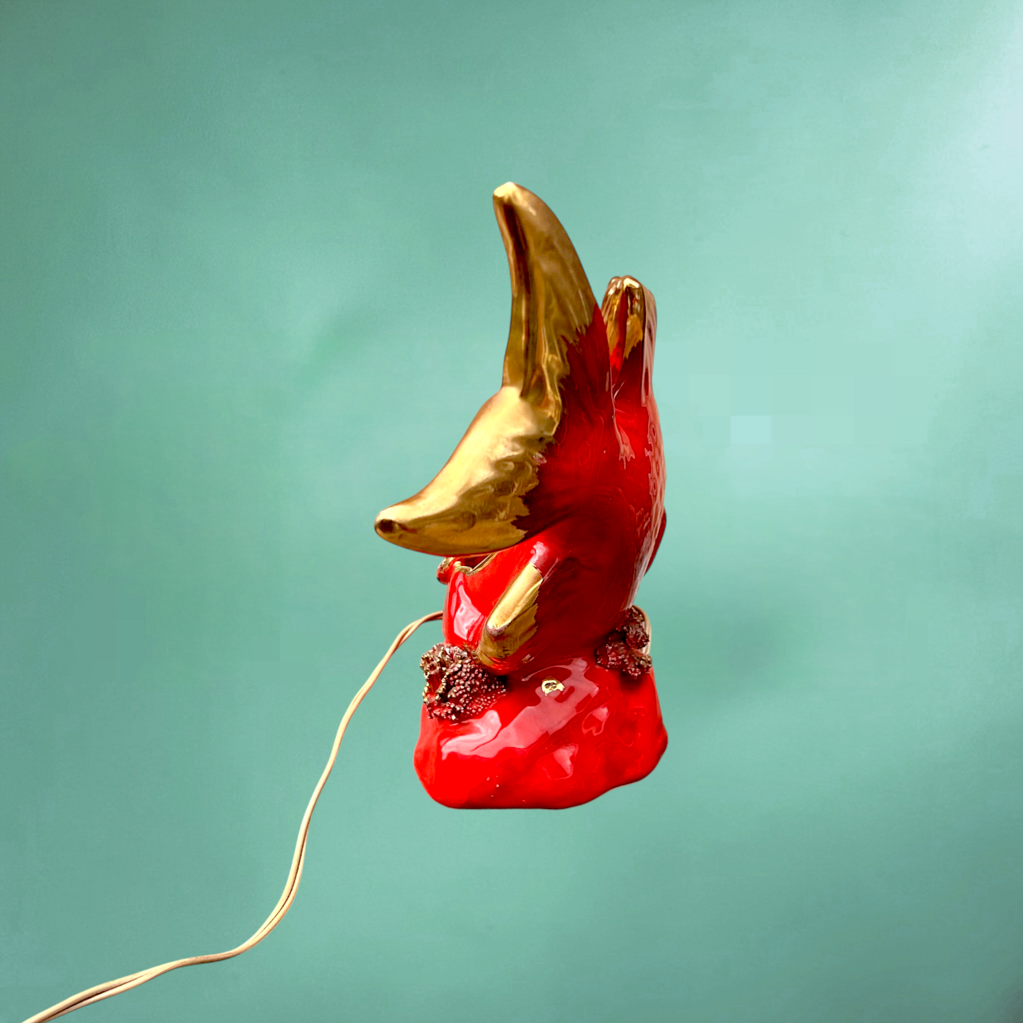 Lampe Poisson Vallauris en Céramique Vernissée Rouge et Dorée – Années 60 70