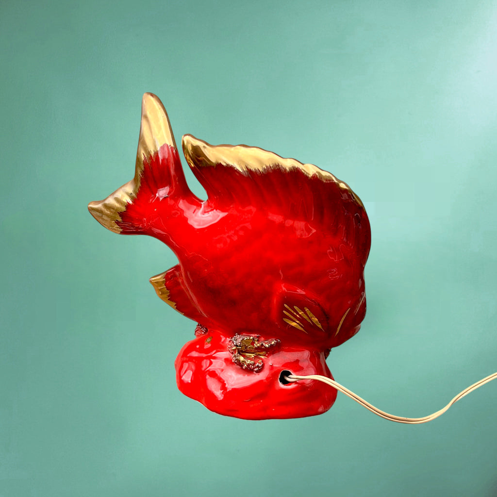 Lampe Poisson Vallauris en Céramique Vernissée Rouge et Dorée – Années 60 70