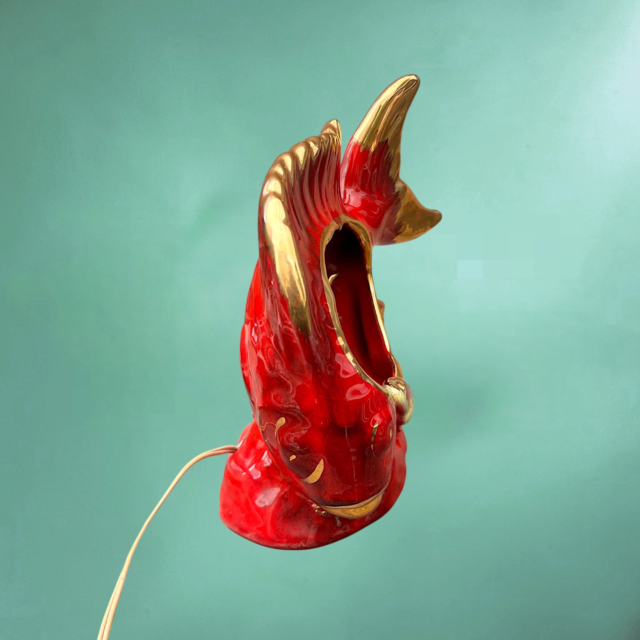 Lampe Poisson Vallauris en Céramique Vernissée Rouge et Dorée – Années 60 70