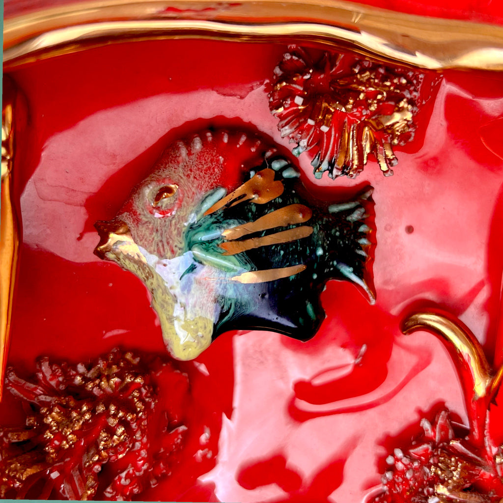 Lampe Poisson Vallauris en Céramique Vernissée Rouge et Dorée – Années 60 70