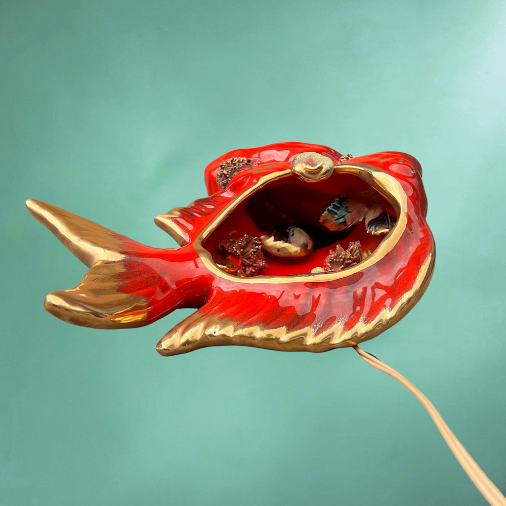 Lampe Poisson Vallauris en Céramique Vernissée Rouge et Dorée – Années 60 70