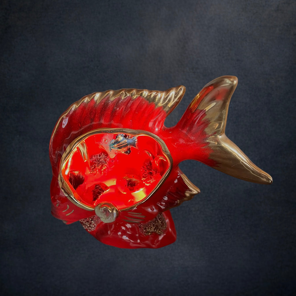 Lampe Poisson Vallauris en Céramique Vernissée Rouge et Dorée – Années 60 70