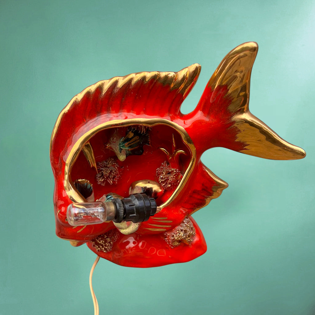 Lampe Poisson Vallauris en Céramique Vernissée Rouge et Dorée – Années 60 70