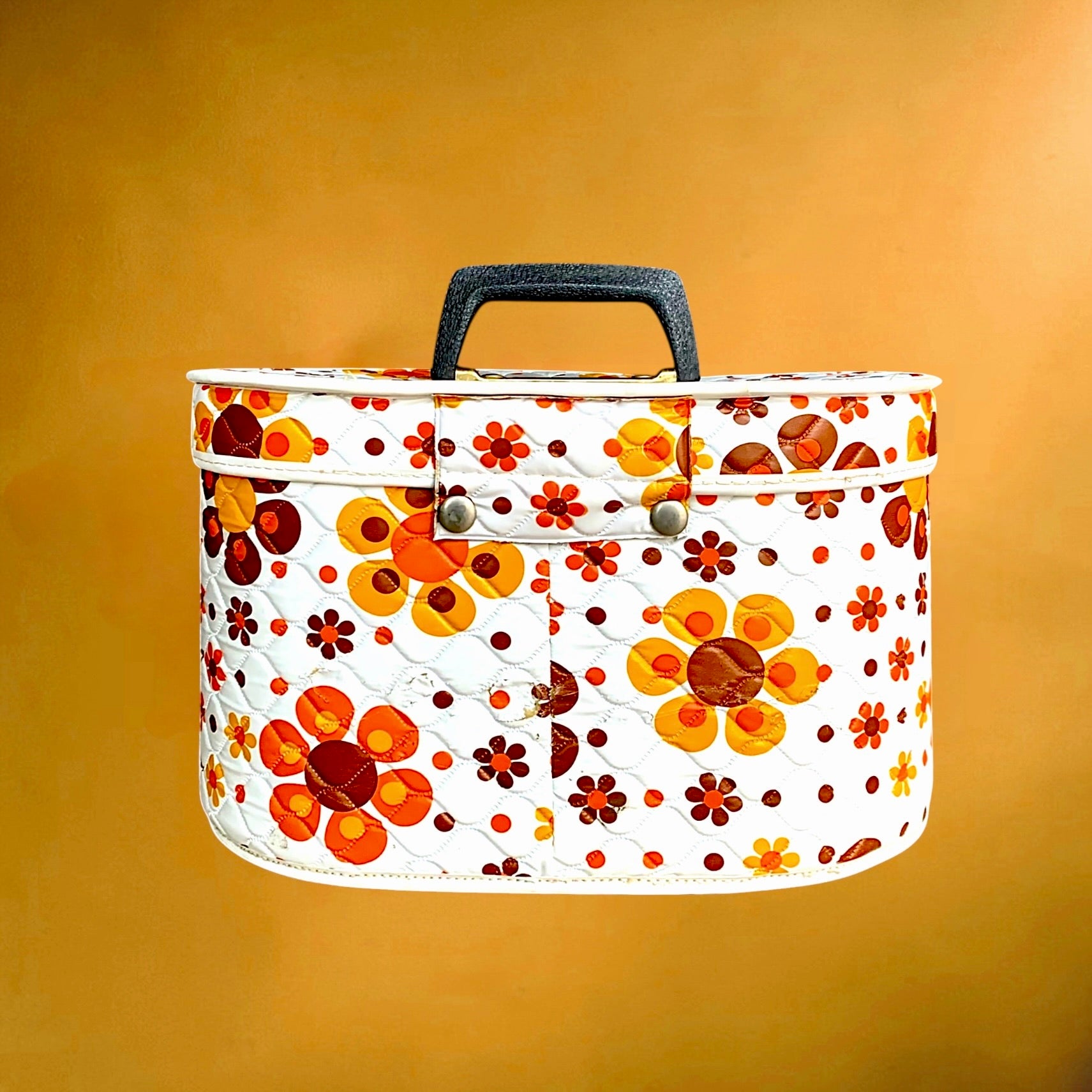 Vanity case vintage fleuri orange marron plastique matelassé trousse beauté rétro années 70