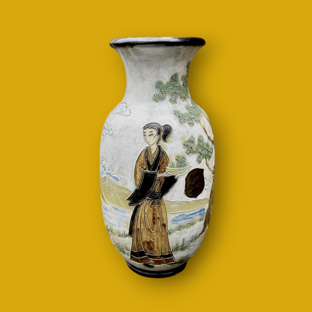 Vase en grès signé Eugène Losson – décor asiatique - Bouffioulx – années 1950–1960