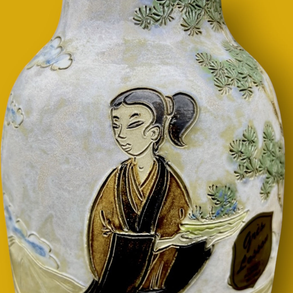 Vase en grès signé Eugène Losson – décor asiatique - Bouffioulx – années 1950–1960