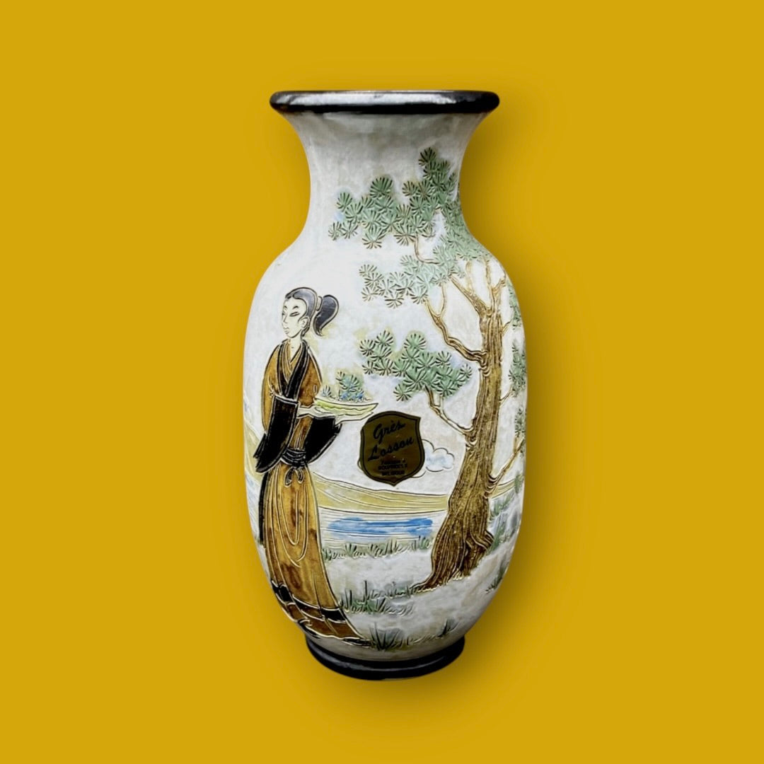 Vase en grès signé Eugène Losson – décor asiatique - Bouffioulx – années 1950–1960