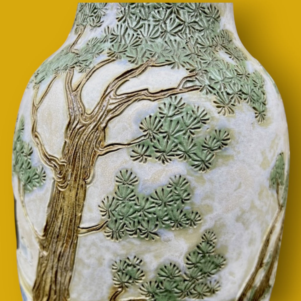 Vase en grès signé Eugène Losson – décor asiatique - Bouffioulx – années 1950–1960