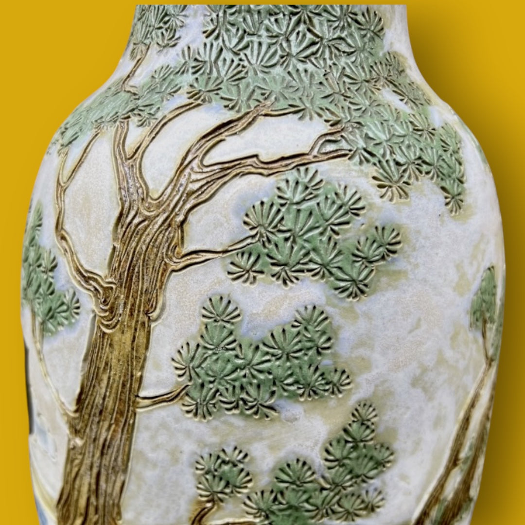 Vase en grès signé Eugène Losson – décor asiatique - Bouffioulx – années 1950–1960