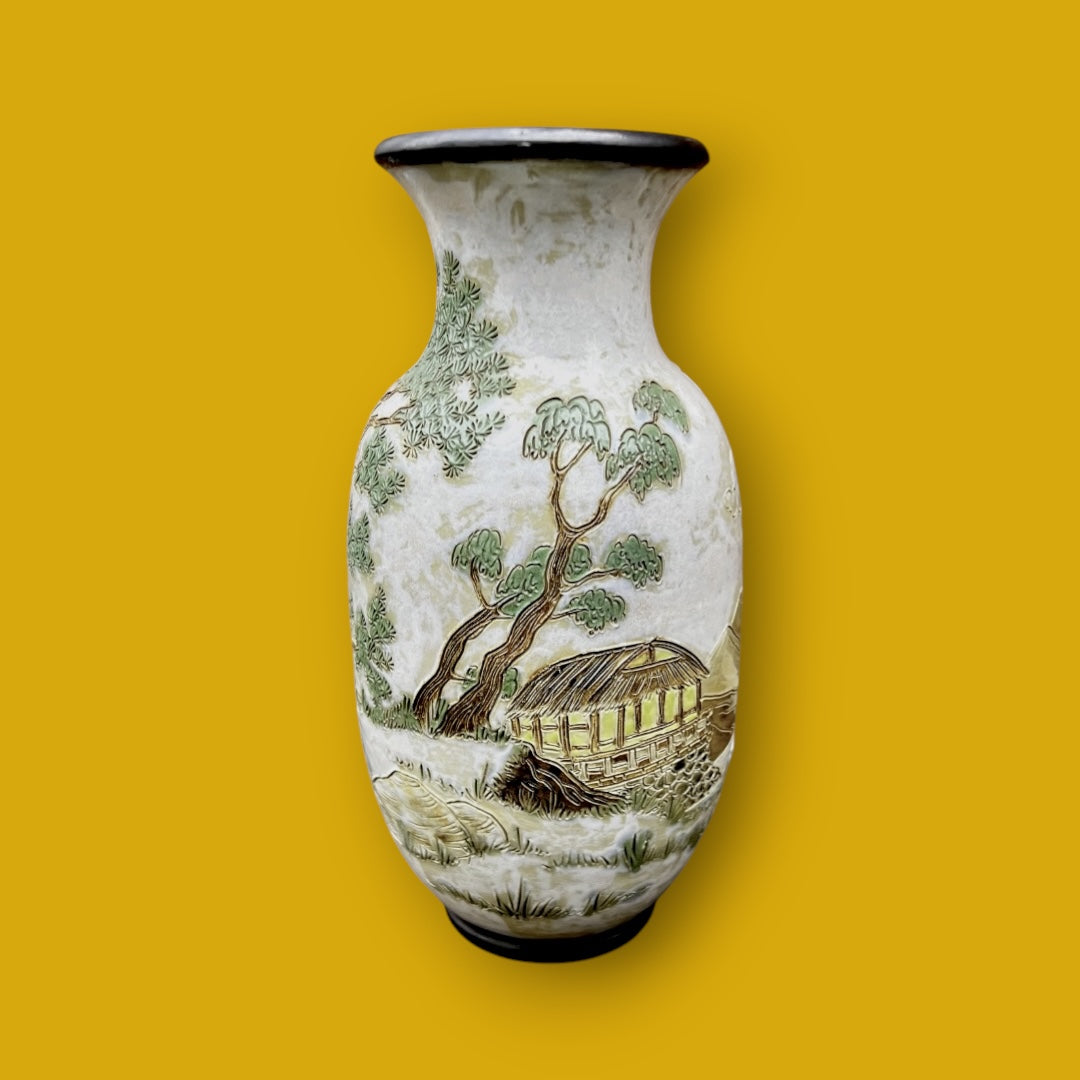 Vase en grès signé Eugène Losson – décor asiatique - Bouffioulx – années 1950–1960
