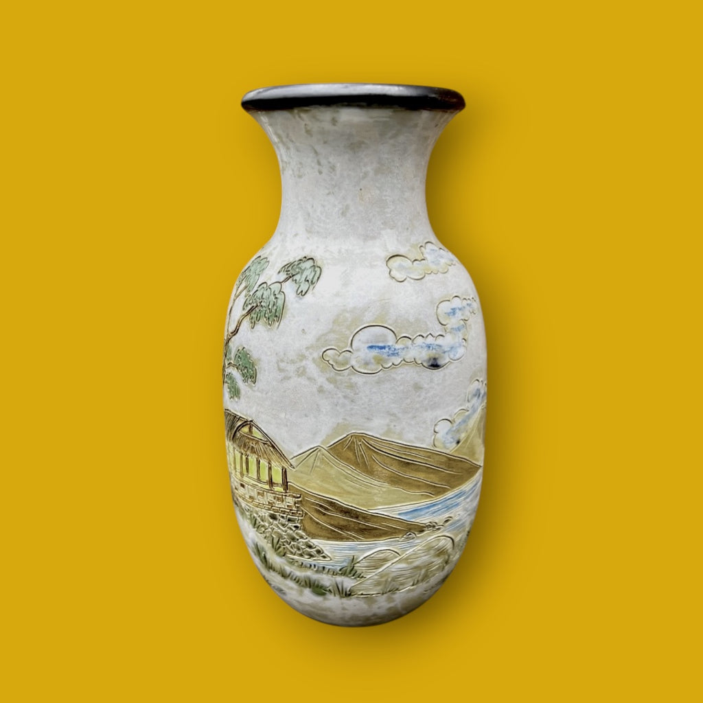 Vase en grès signé Eugène Losson – décor asiatique - Bouffioulx – années 1950–1960