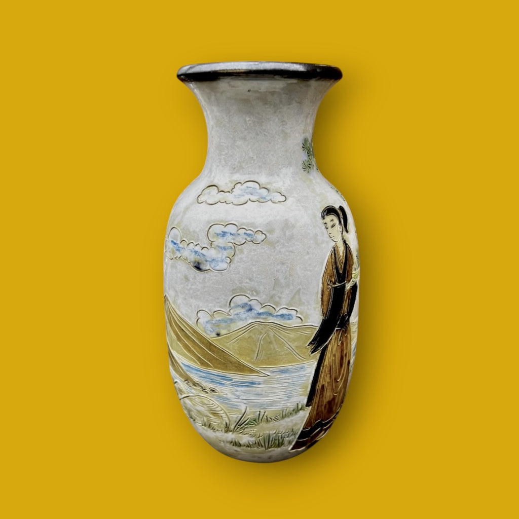 Vase en grès signé Eugène Losson – décor asiatique - Bouffioulx – années 1950–1960