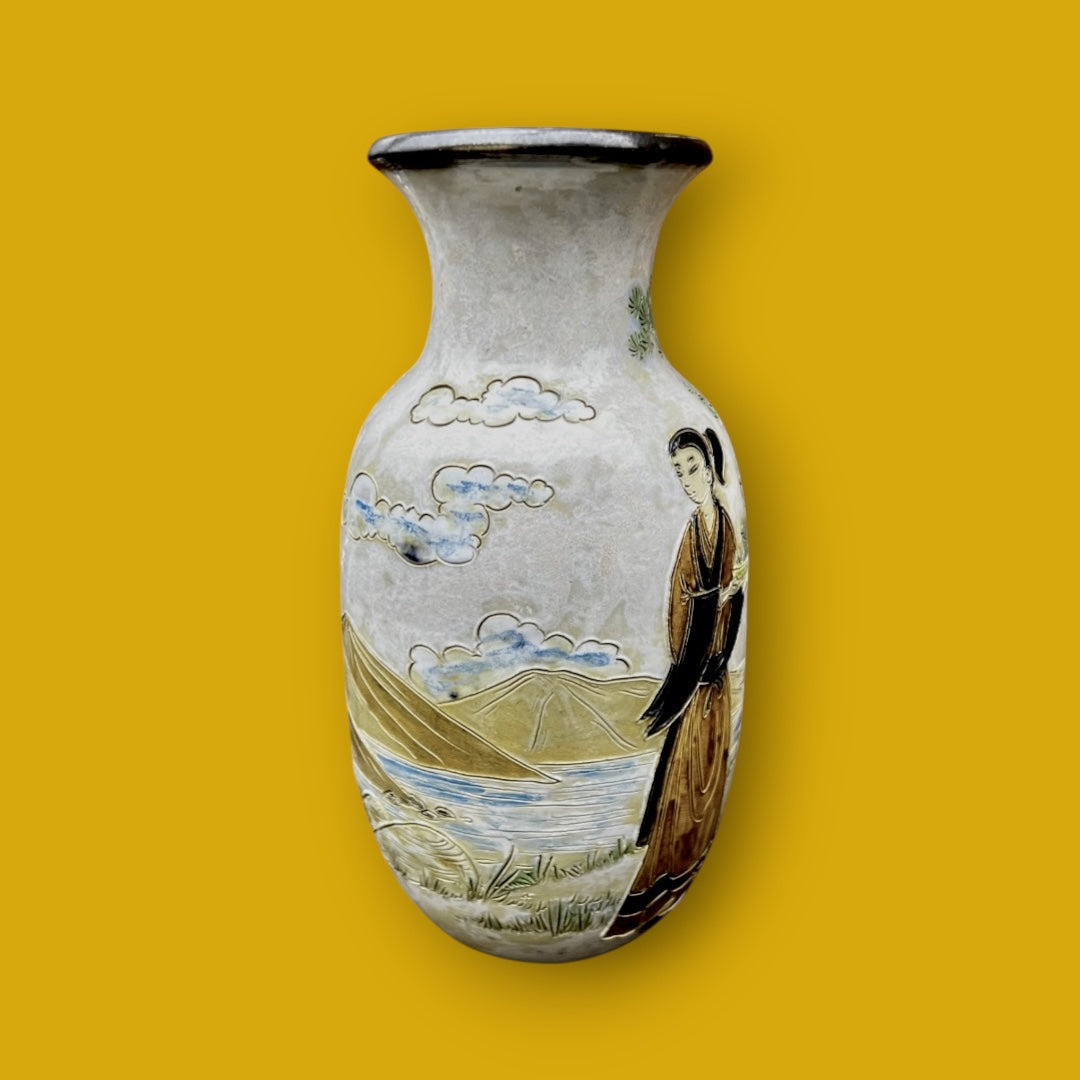 Vase en grès signé Eugène Losson – décor asiatique - Bouffioulx – années 1950–1960
