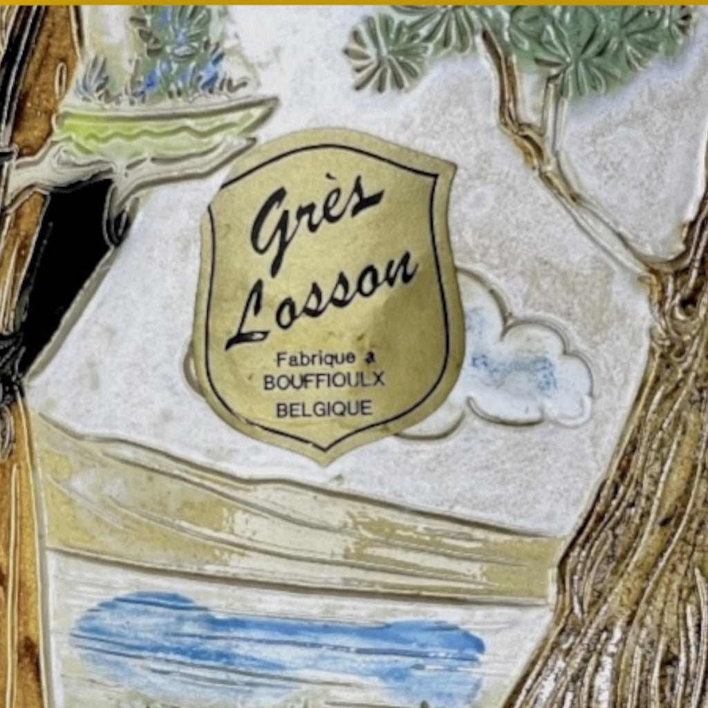 Vase en grès signé Eugène Losson – décor asiatique - Bouffioulx – années 1950–1960