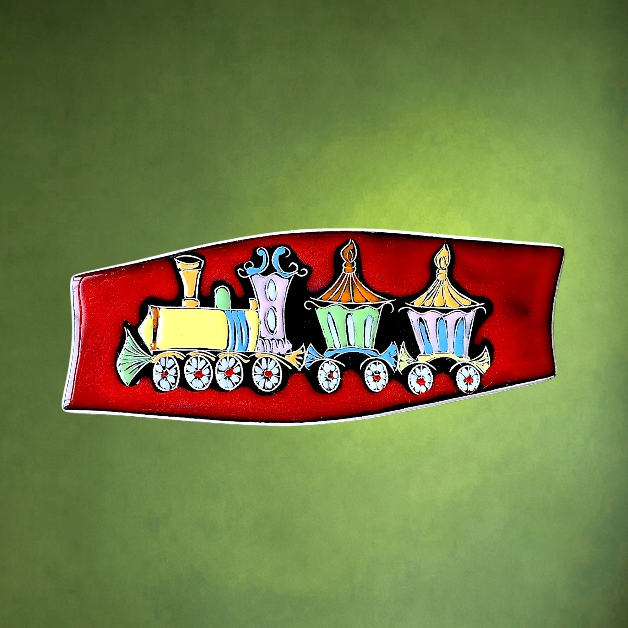 Plaque murale vintage en céramique émaillée à décor petit train coloré