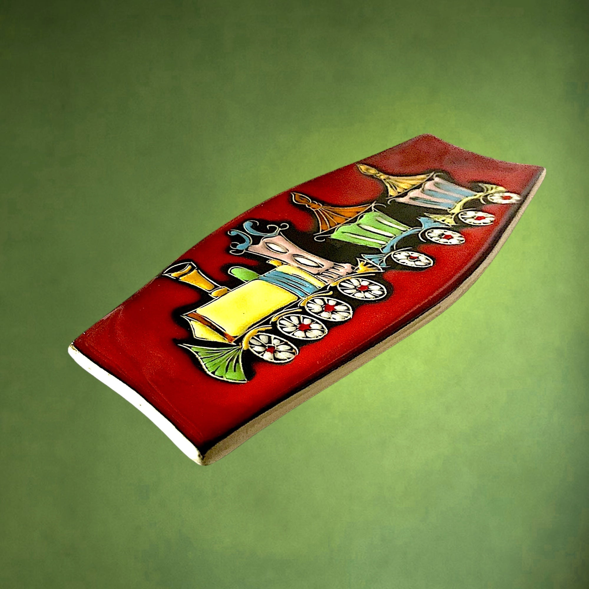 Plaque Murale Vintage en Céramique Émaillée Décor Petit Train - Années 60-70