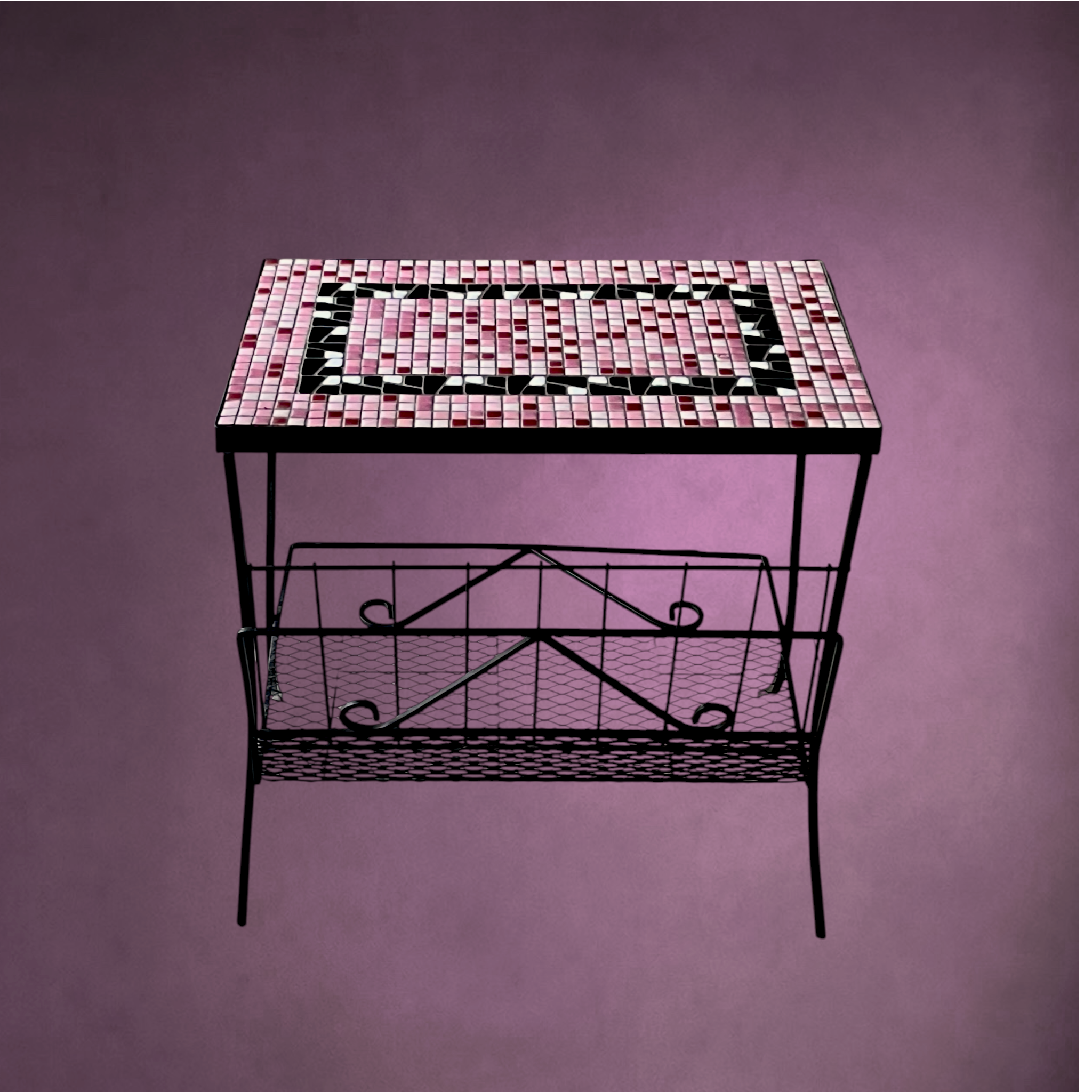 Porte-revues Vintage Mosaïque Rose Métal Noir Années 50 60