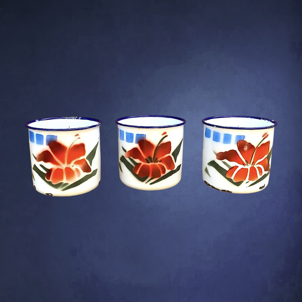 Trio de Tasses en Tôle Émaillée Three Stars Brand à Décor Floral – Années 60-70