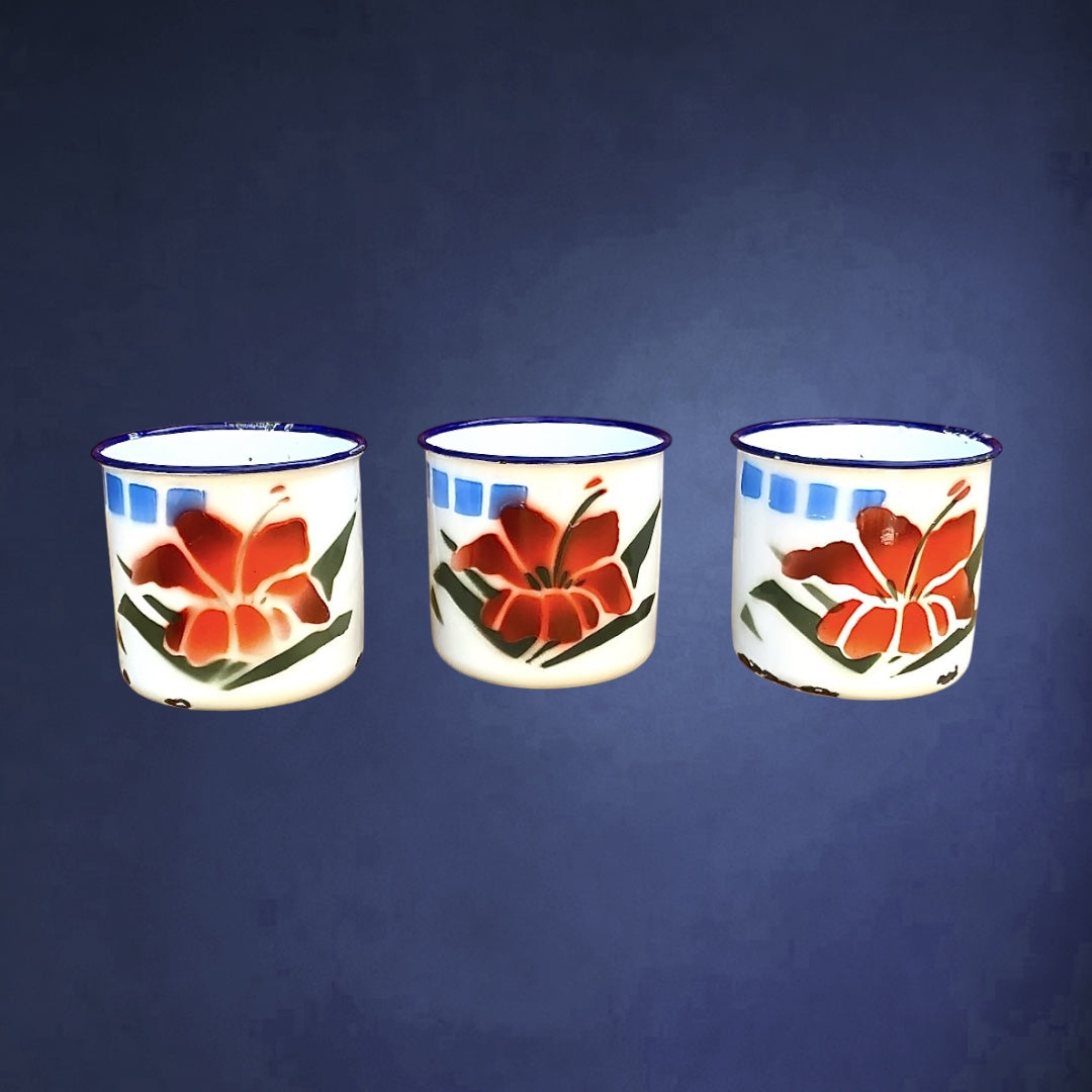 Trio de Tasses en Tôle Émaillée Three Stars Brand à Décor Floral – Années 60-70