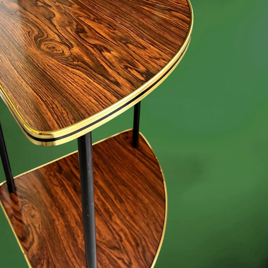 Encoignure Vintage en Formica Imitation Bois Liseré Doré Piètement Métal Noir – Années 50 60