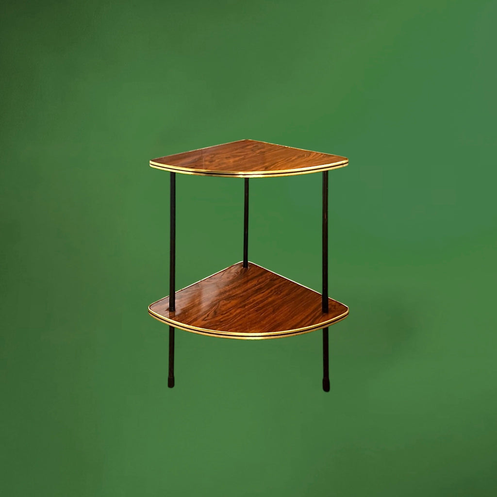 Encoignure Vintage en Formica Imitation Bois Liseré Doré Piètement Métal Noir – Années 50 60