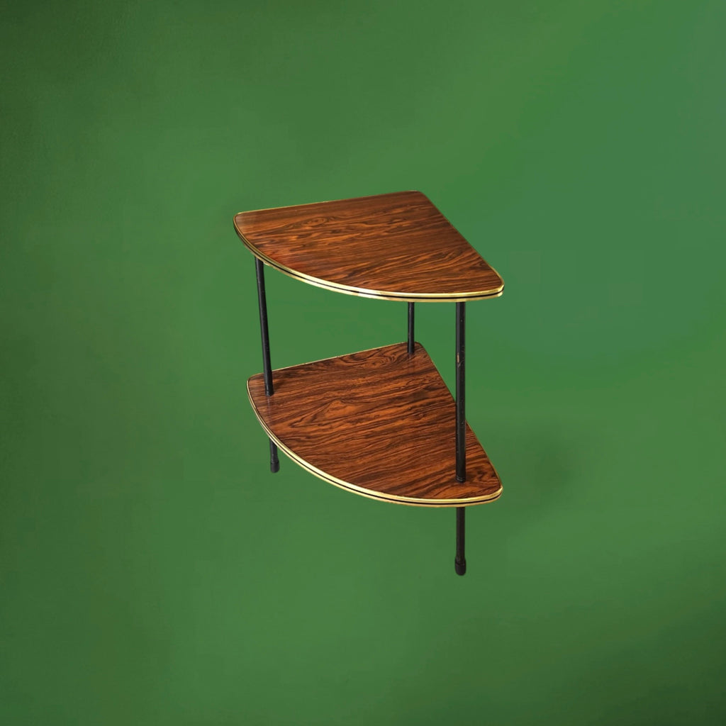 Encoignure Vintage en Formica Imitation Bois Liseré Doré Piètement Métal Noir – Années 50 60