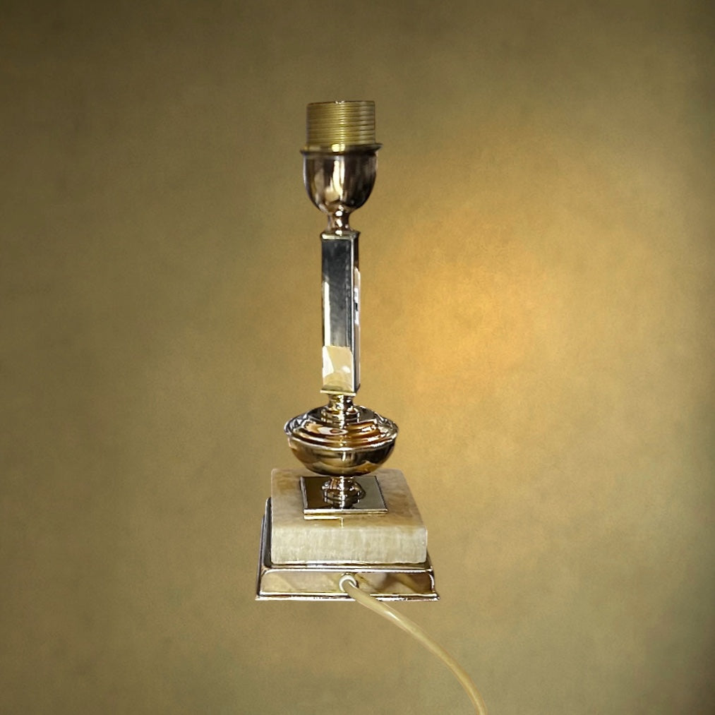 Lampe de Table en Laiton Doré et Base Onyx Clair - Années 70-80