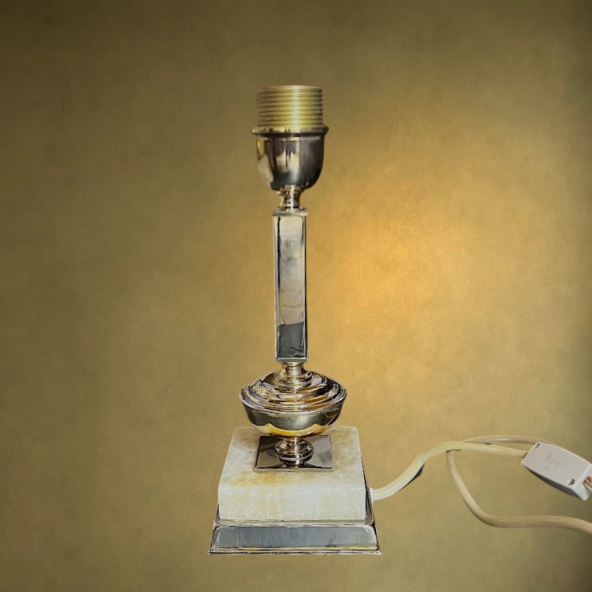 Lampe de Table en Laiton Doré et Base Onyx Clair - Années 70-80