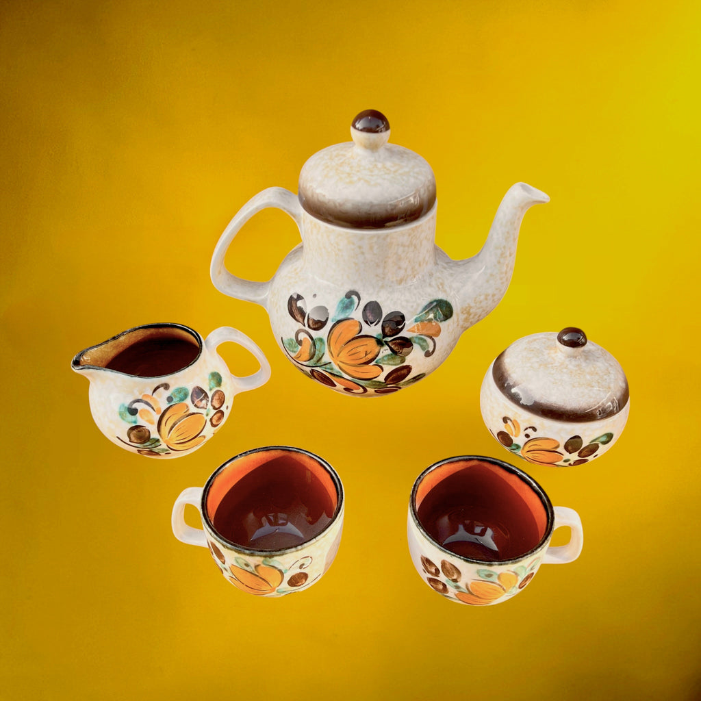 Service à Café Boch Corfou – Cafetière Sucrier Pot à Lait et 2 Tasses – Décor Floral Orange Brun Vert – Années 60 70
