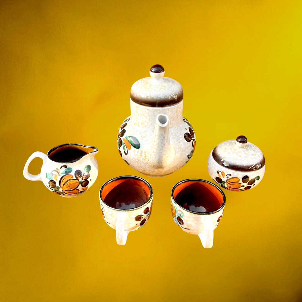 Service à Café Boch Corfou – Cafetière Sucrier Pot à Lait et 2 Tasses – Décor Floral Orange Brun Vert – Années 60 70