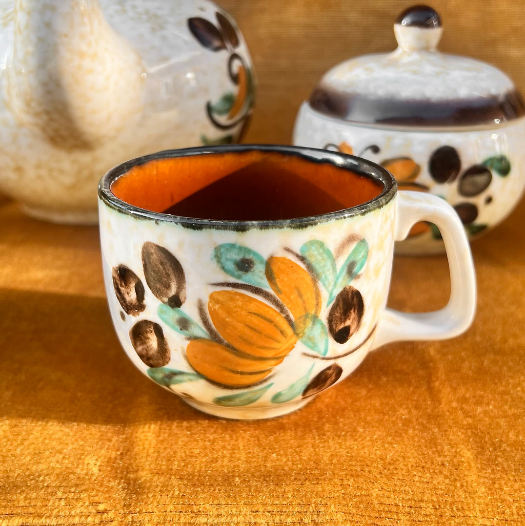 Service à Café Boch Corfou – Cafetière Sucrier Pot à Lait et 2 Tasses – Décor Floral Orange Brun Vert – Années 60 70