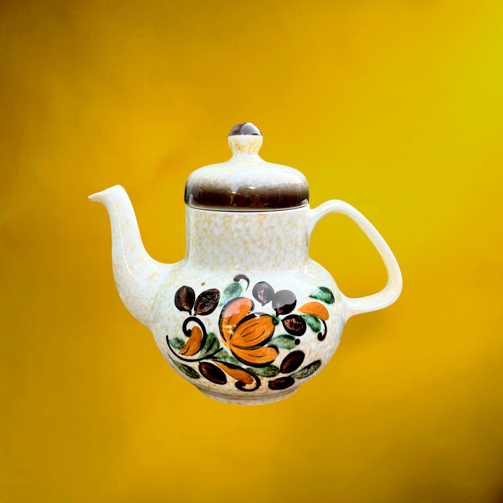 Service à Café Boch Corfou – Cafetière Sucrier Pot à Lait et 2 Tasses – Décor Floral Orange Brun Vert – Années 60 70