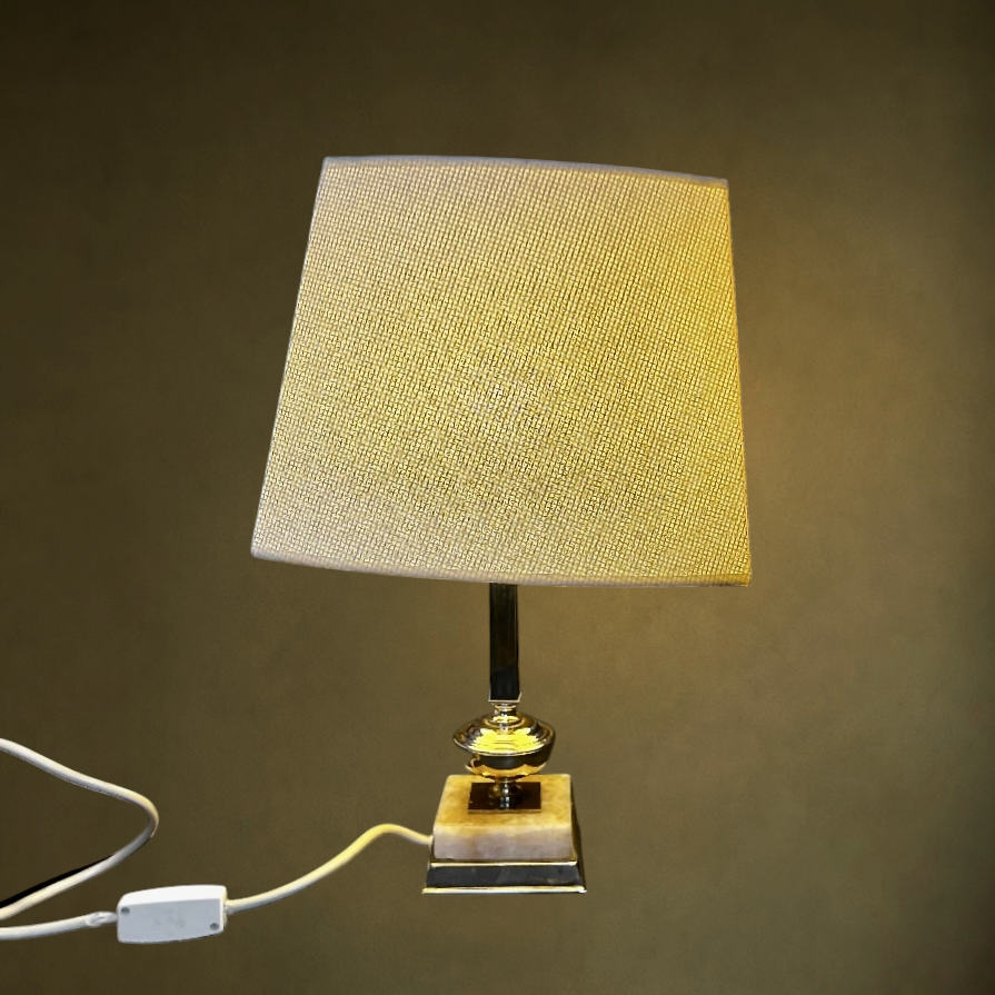 Lampe de Table en Laiton Doré et Base Onyx Clair - Années 70-80