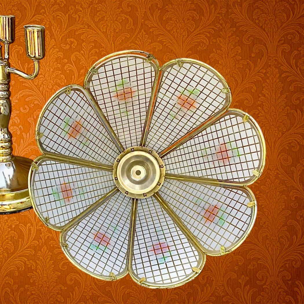Lampe tactile vintage Hollywood Regency – abat-jour en verre fleuri – métal doré – années 80/90 Taiwan