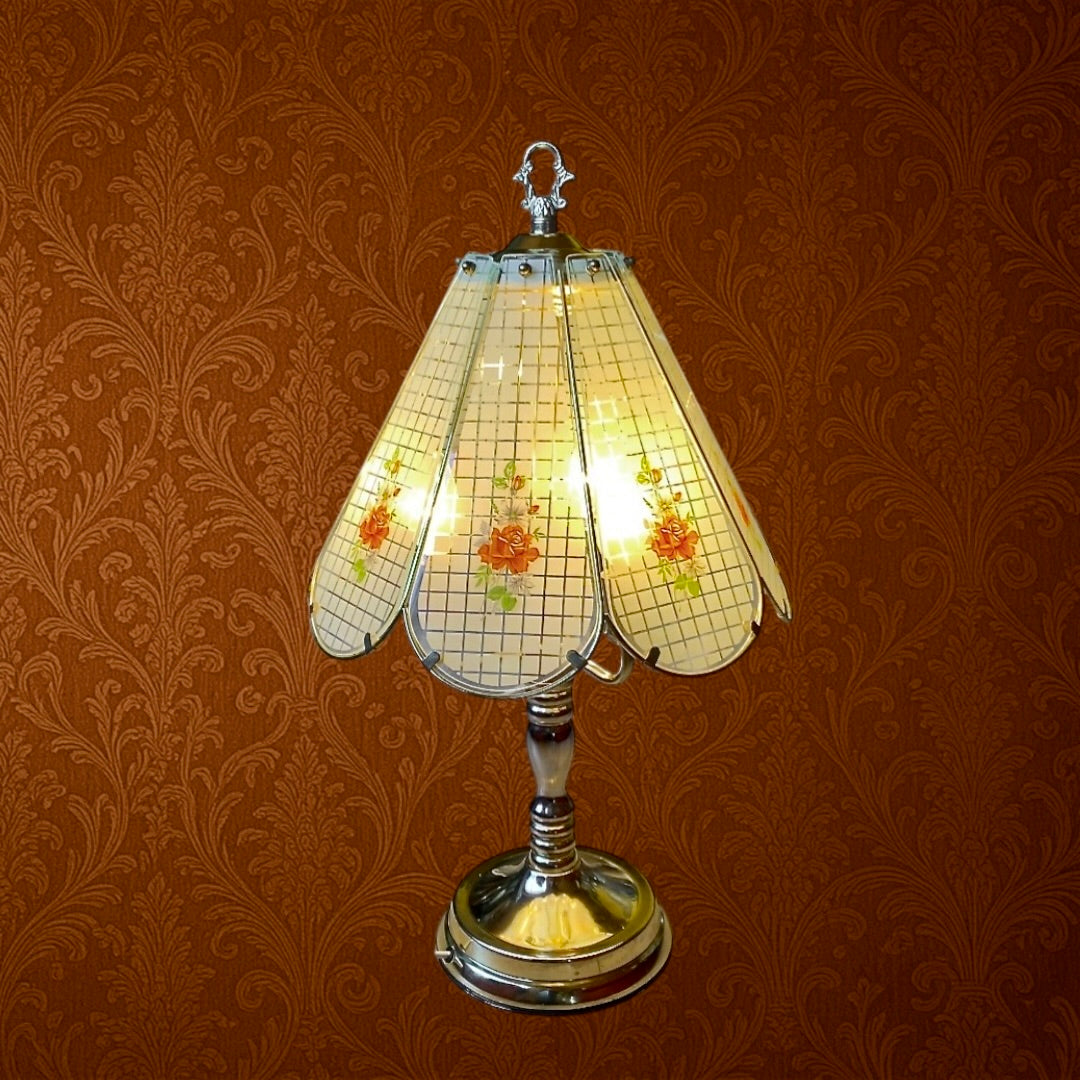 Lampe tactile vintage Hollywood Regency – abat-jour en verre fleuri – métal doré – années 80/90 Taiwan