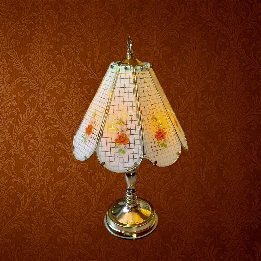 Lampe tactile vintage Hollywood Regency – abat-jour en verre fleuri – métal doré – années 80/90 Taiwan