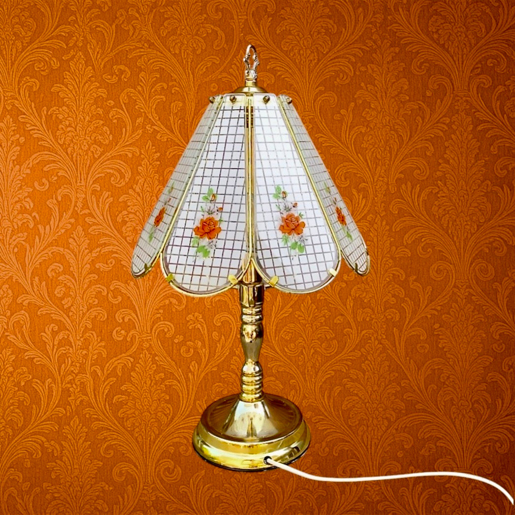 Lampe tactile vintage Hollywood Regency à abat-jour floral – verre et métal doré