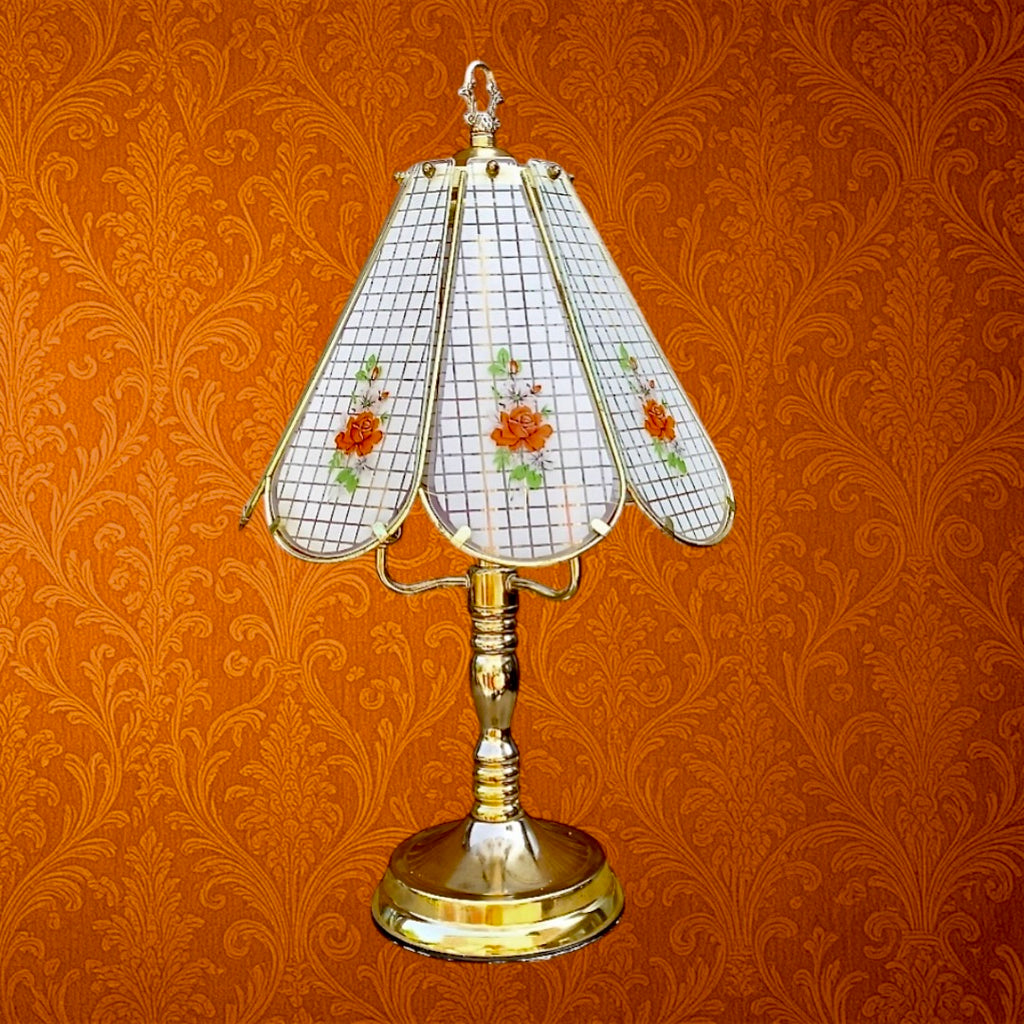 Lampe tactile vintage Hollywood Regency – abat-jour en verre fleuri – métal doré – années 80/90 Taiwan
