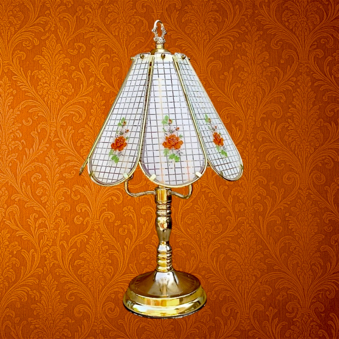 Lampe tactile vintage Hollywood Regency – abat-jour en verre fleuri – métal doré – années 80/90 Taiwan