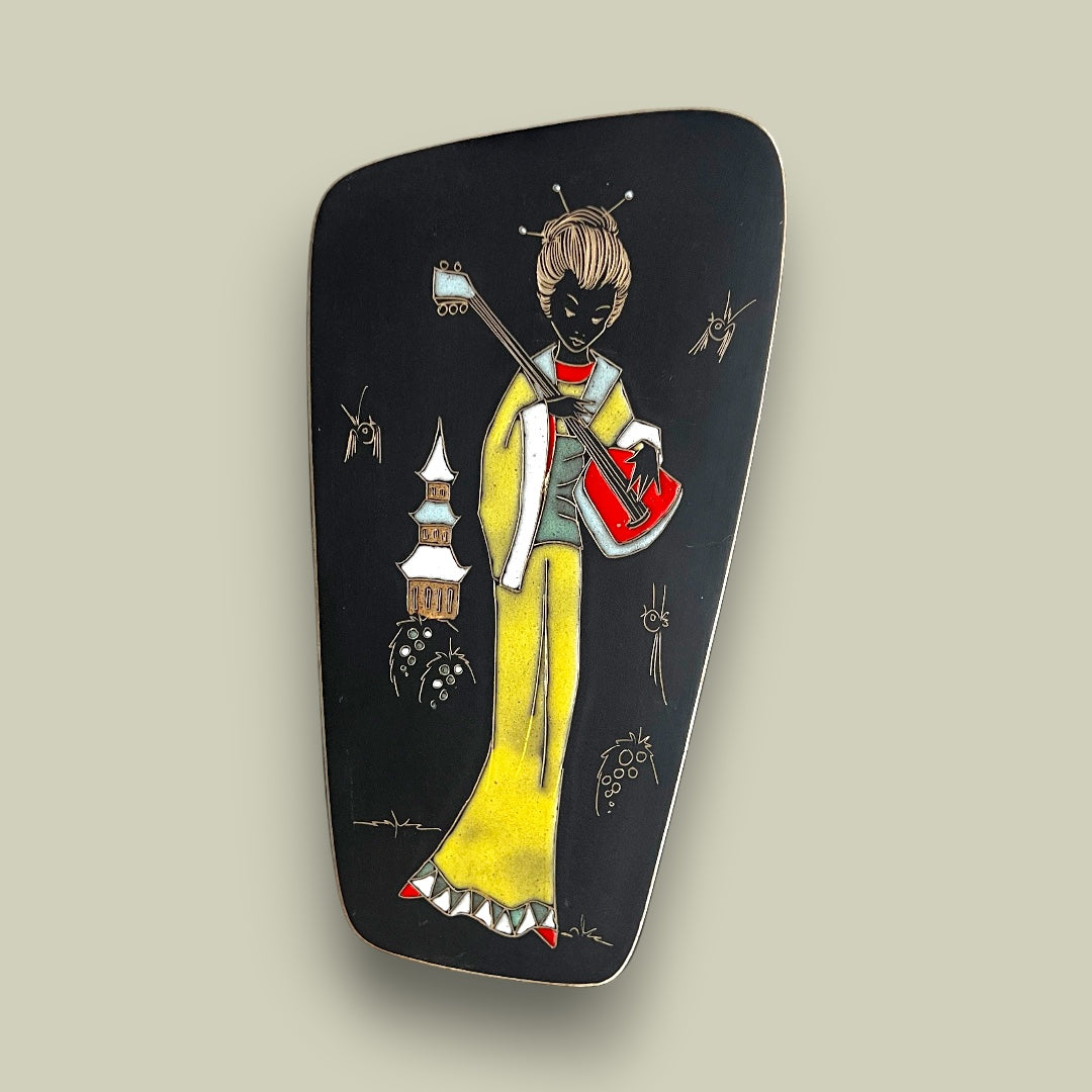 Plaque murale vintage Mid-Century – Femme au shamisen – Céramique émaillée